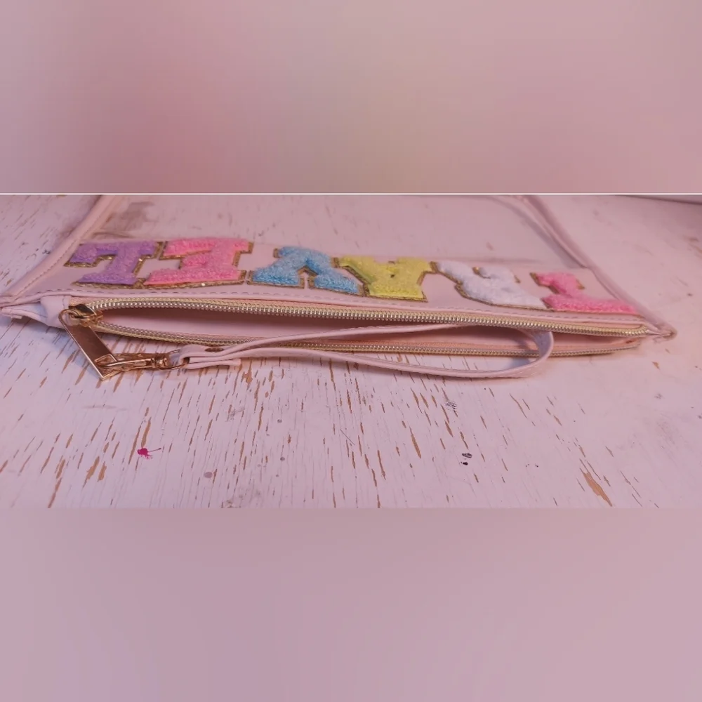 Chenille Letter Travel Zipper Pouch Bag Cosmetics Makeup Toiletry Vacation Shine
